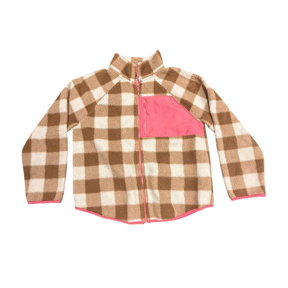 J.Crew Women's M Tan Buffalo Check Sherpa Fleece Zip Jacket Pink Pocket